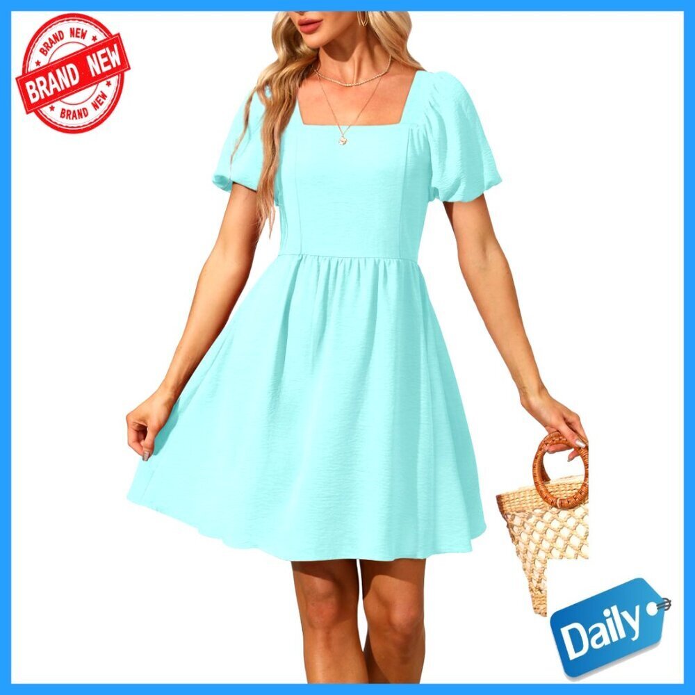 Puff Sleeve Square Neck Tie Back Dress with Zipper, Casual Wear